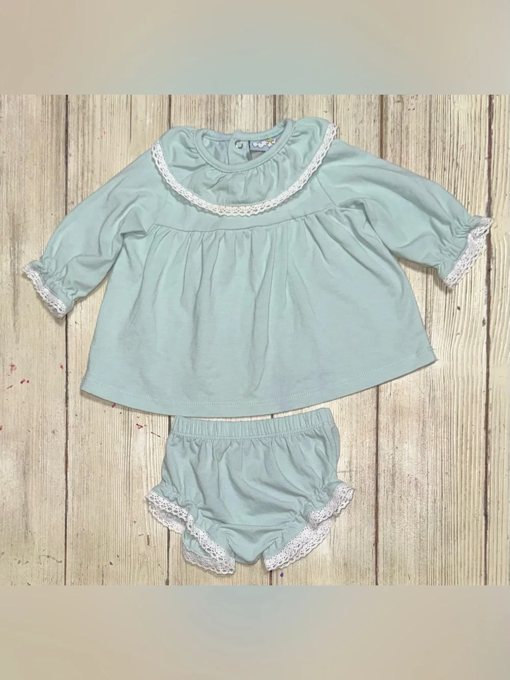 Three Sisters light sage bloomer set 3m baby girls boutique